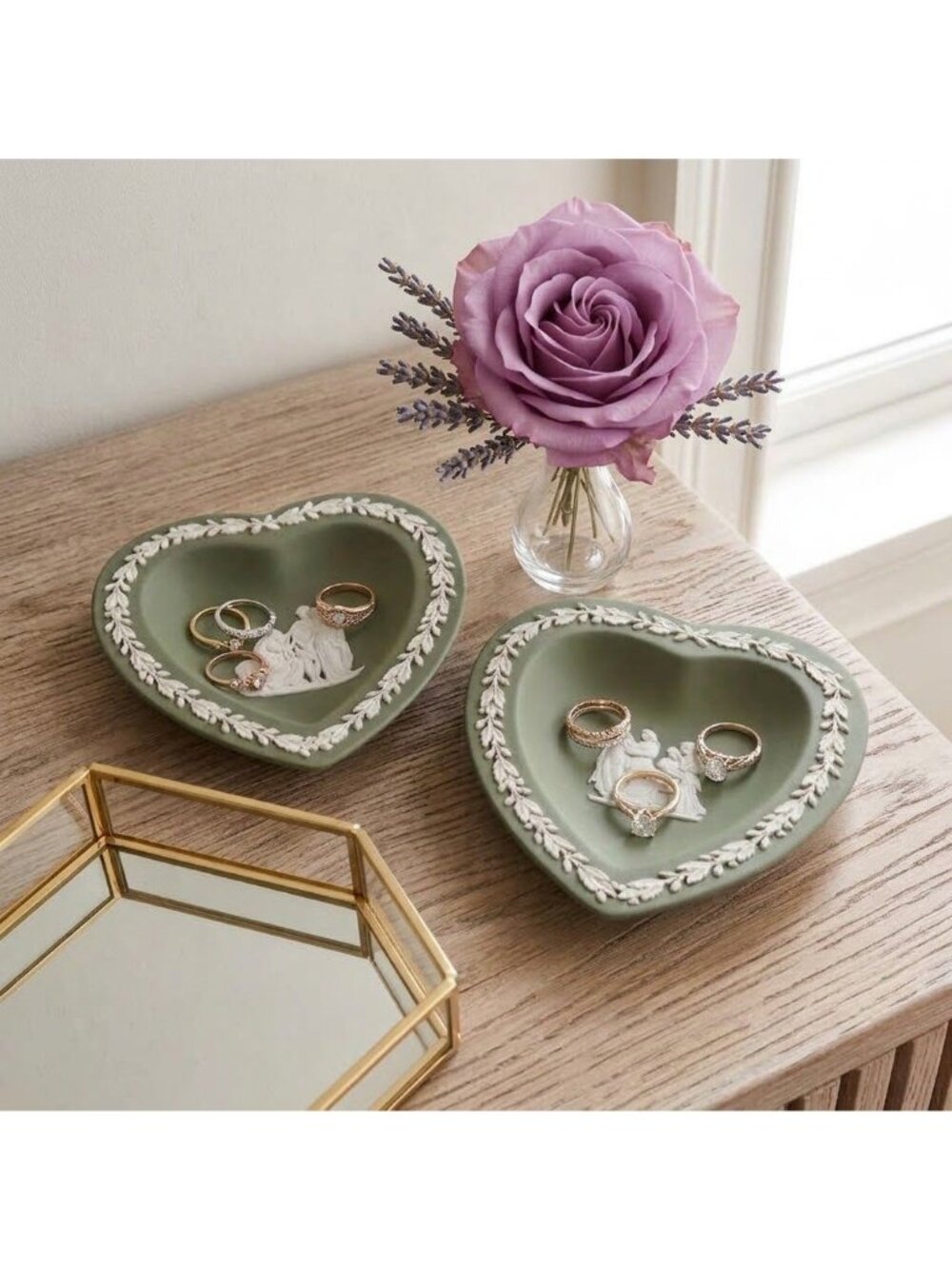 Pair of Vintage 1955 Wedgwood Celadon Jasperware Heart Shaped Trinket Dishes, Ne